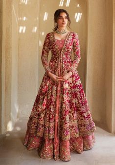 Rose Blush Heavily Embroidered Jacket With Layered Lehenga Set
