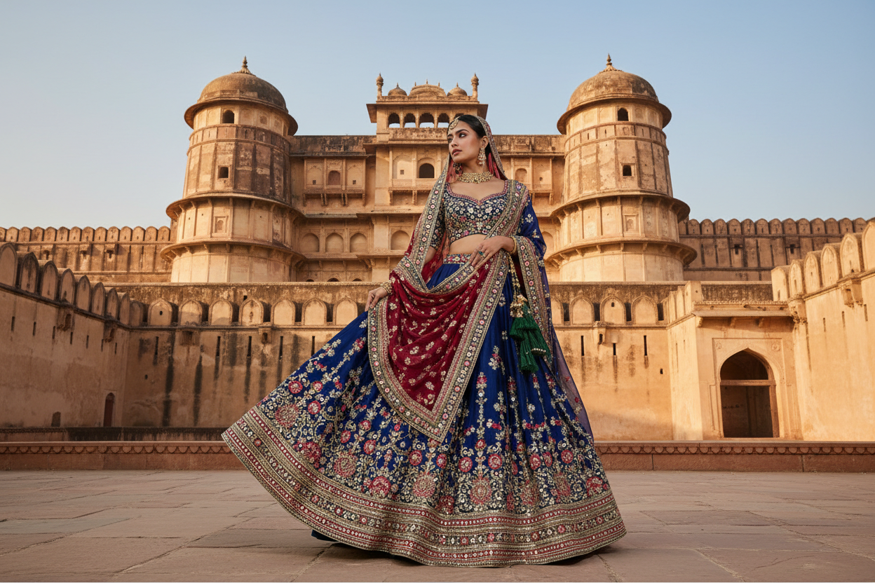 make a women wearing lengha with fort