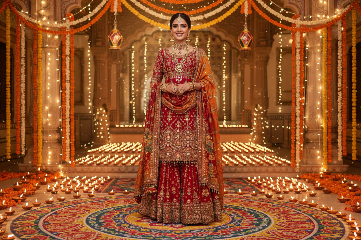 make a women wearing sharara suit with diwali vibes