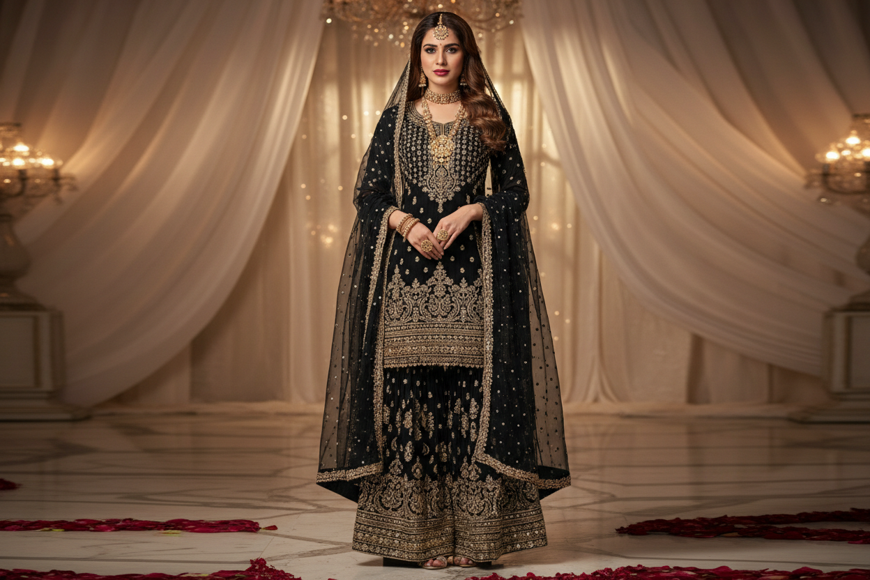 wedding look women wearing black sharara suit